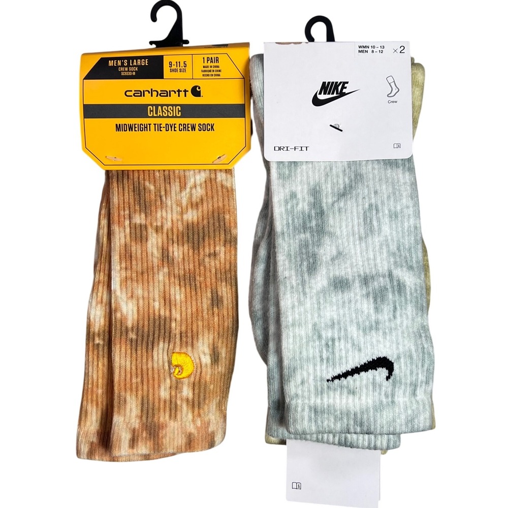 Nike Carhartt Tie Dye Crew Socks Bundle 3 Pairs Mens Large Dri-FIT Khaki Sz 8-12